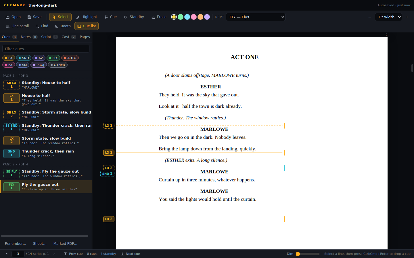 A script page in Cuemark with lighting, sound and follow-spot cues placed on the lines they fire on, and the cue list beside it
