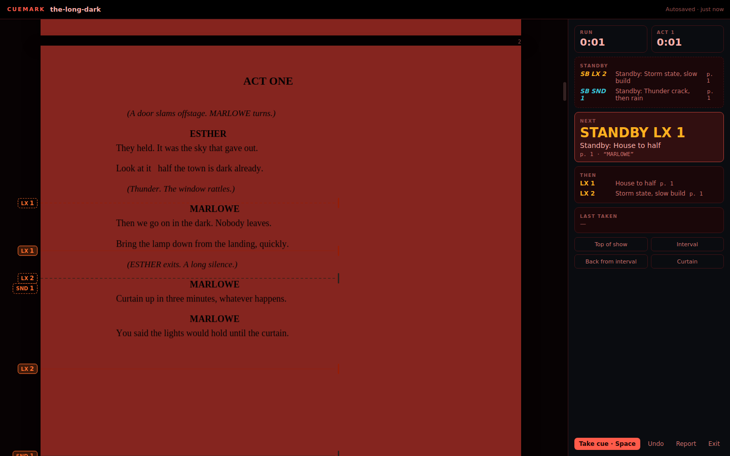 Cuemark in the red booth theme, page and app both under red light