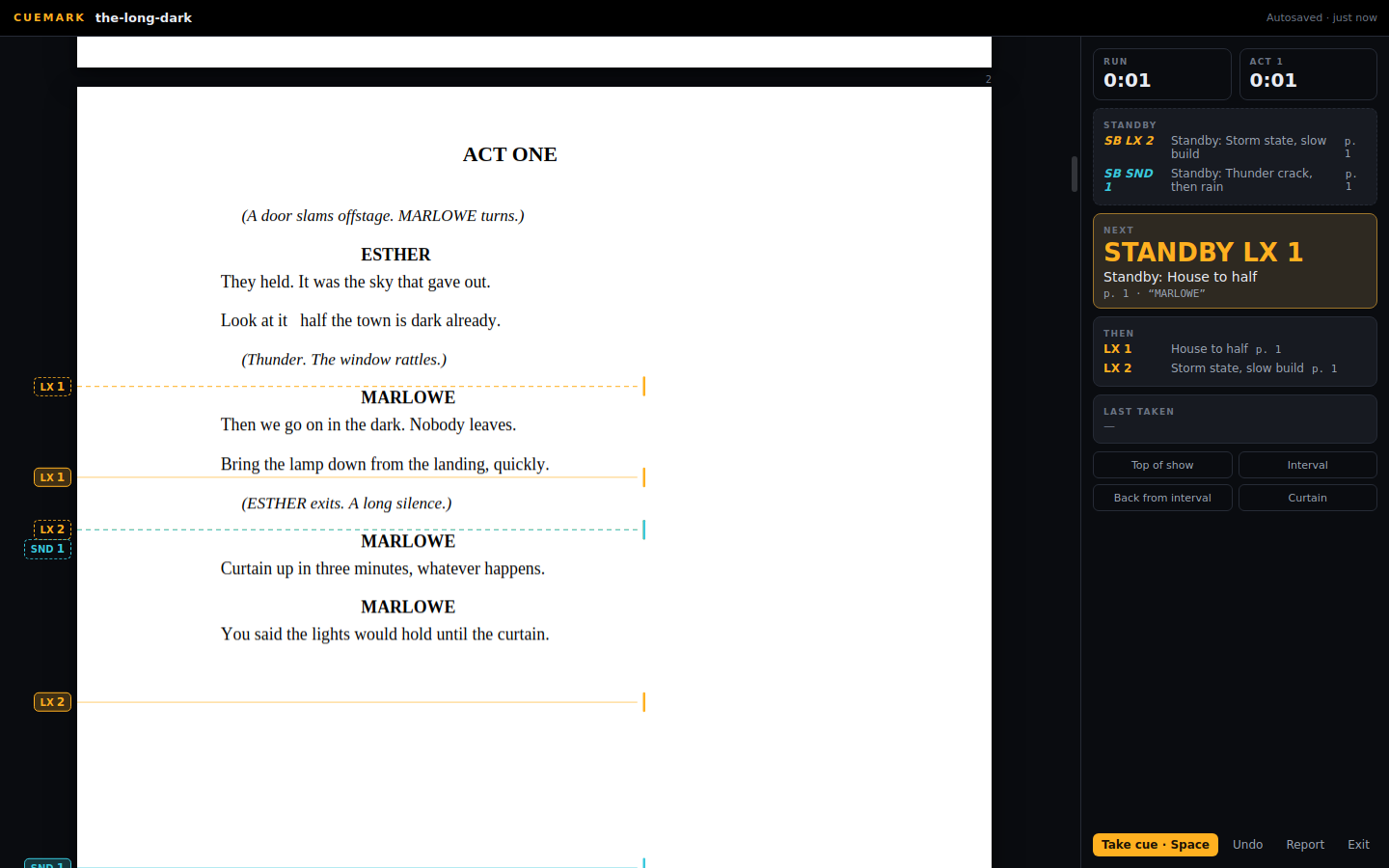 Cuemark in show mode: the script with a band marking the reading line, and the call panel showing the cue on deck, the ones after it, and the run time
